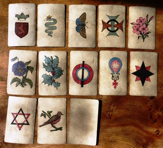 A mid 19th Century card 12 sets of 4 hand coloured illustrations probably for the game of SNAP. 48 cards complete. Unknown maker.